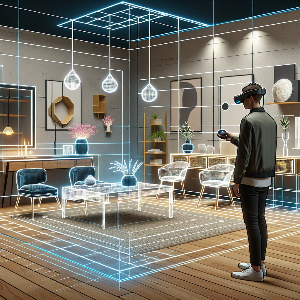 "Interior design space showcasing augmented reality technology, featuring customizable furniture and decor options, illustrating the impact of AR on personalized interior design."